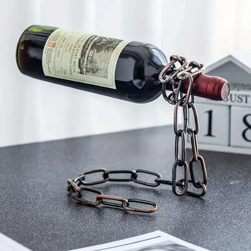 1 Pc Elegant Metal Wine Bottle Holder with Iron Chain – Decorative Suspended Display Stand & Rustic Organizer for Home, Kitchen, and Wine Storage
